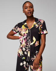 Piped Short Sleeve Notch Collar Pajama Top