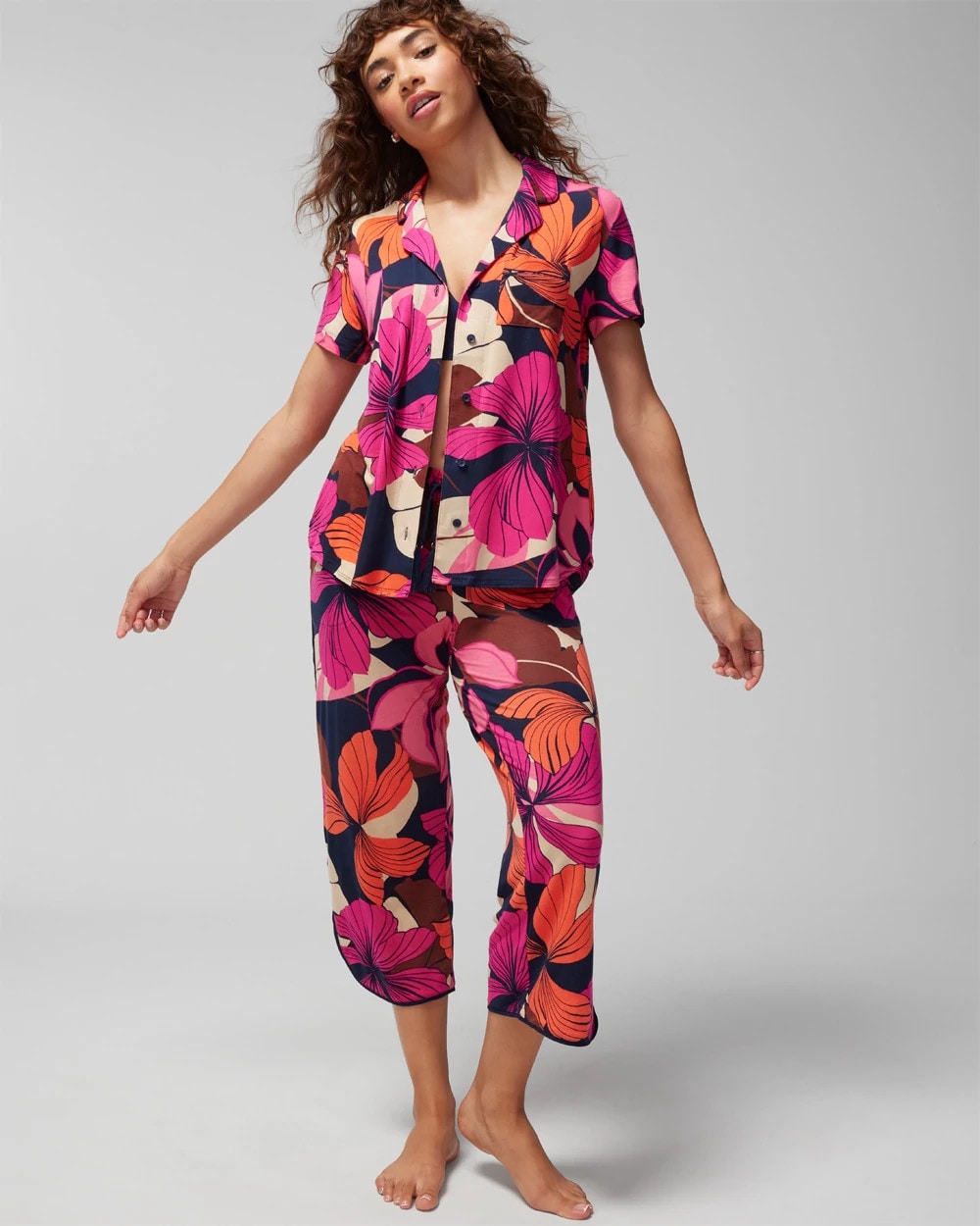 Short-Sleeve Notch Collar Pajama Top