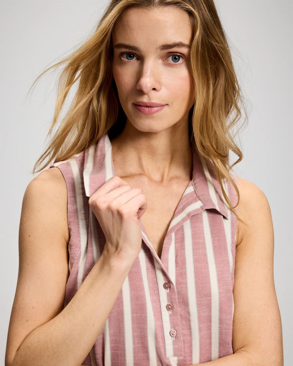 Beach Cotton Relaxed Sleeveless Collared Henley Top
