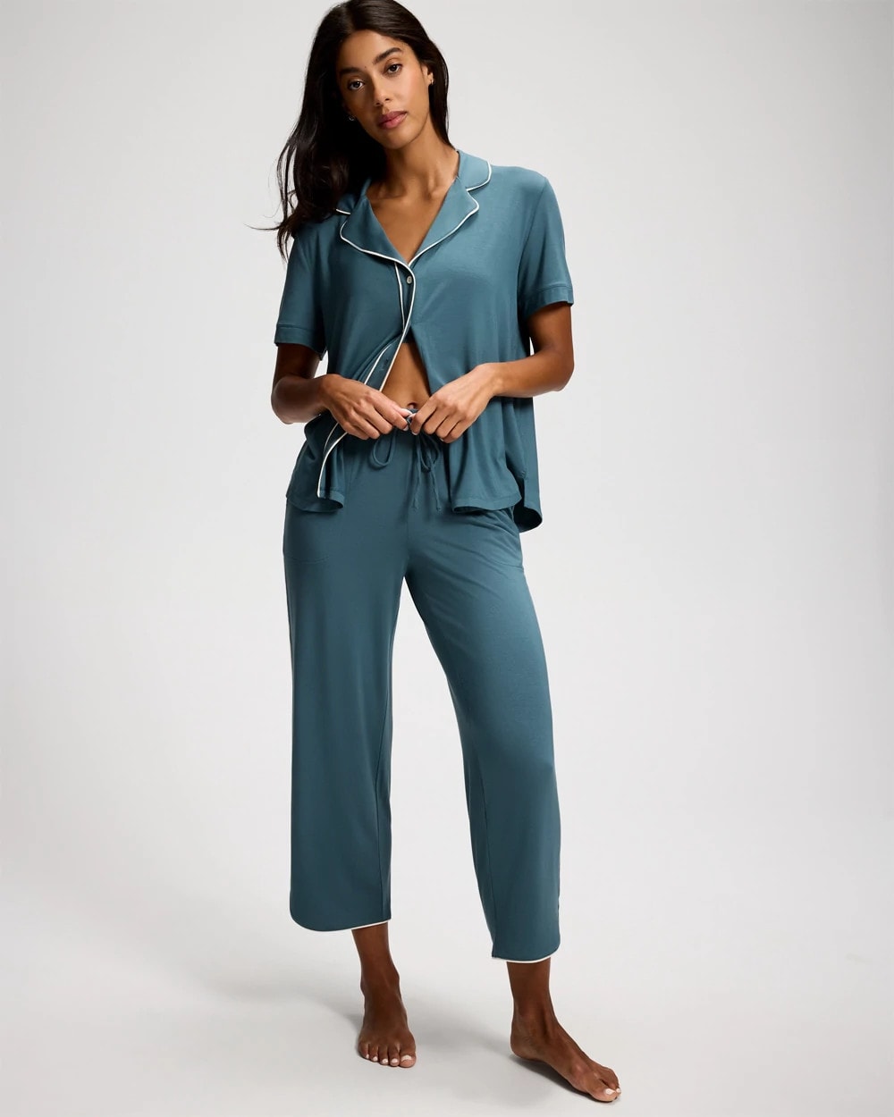 Solid Piped Crop Pajama Pant