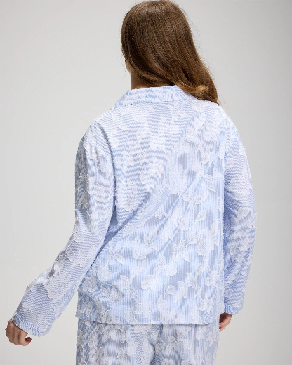 Cotton Striped Jacquard Long-Sleeve Notch Collar Pajama Top